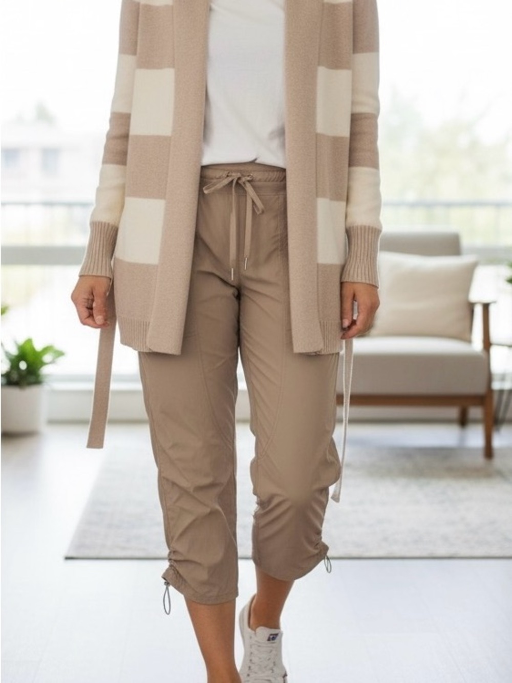 GAP Beige and Cream Striped Open-Front Cardigan L